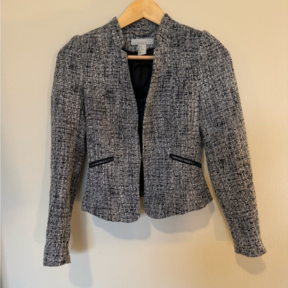 H&M Black and Gray Tweed Open-Front Blazer